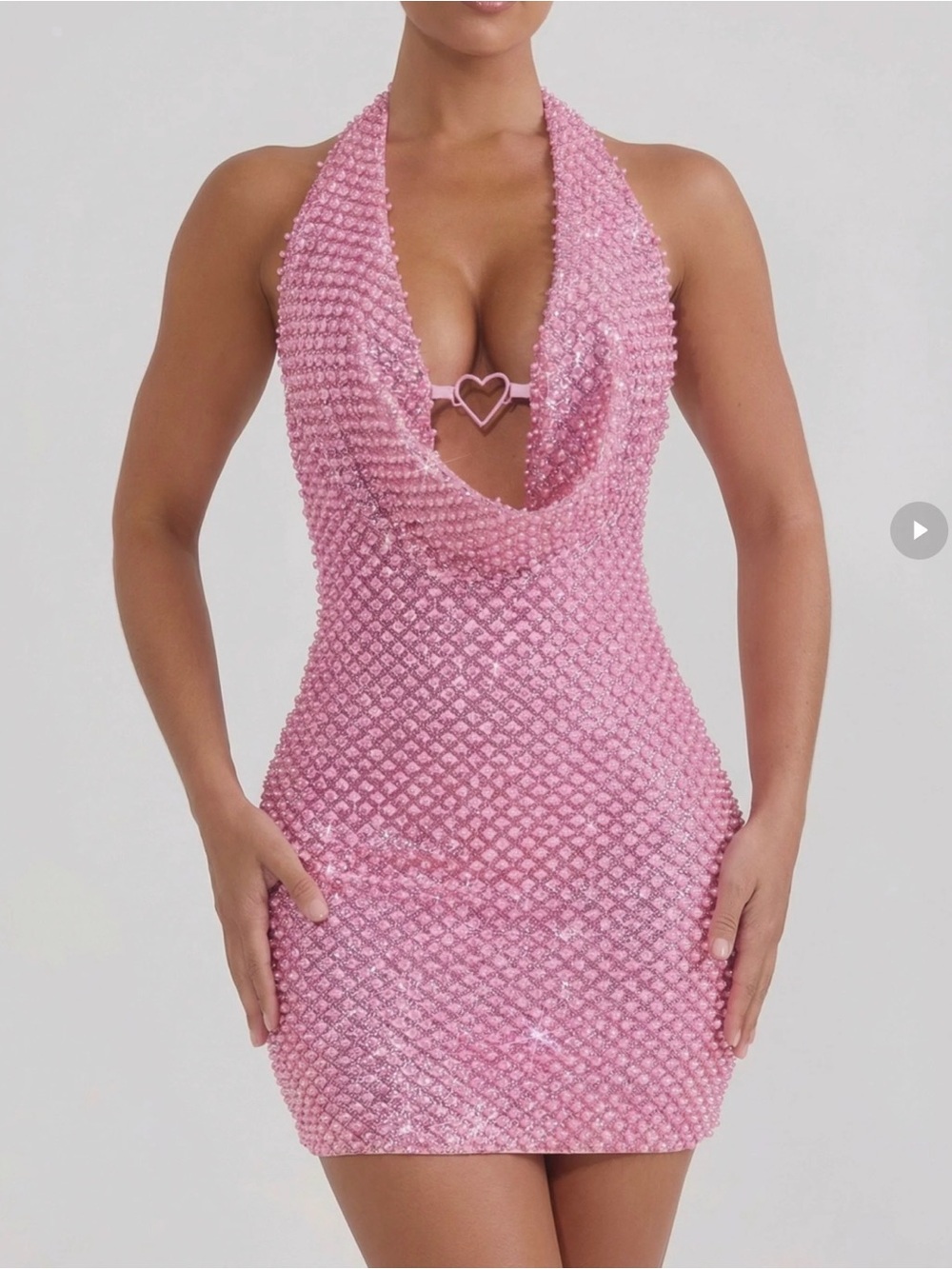 Oh Polly Embellished Heart-Detail Cowl-Neck Mini Dress in Pink - Picture 1 of 5